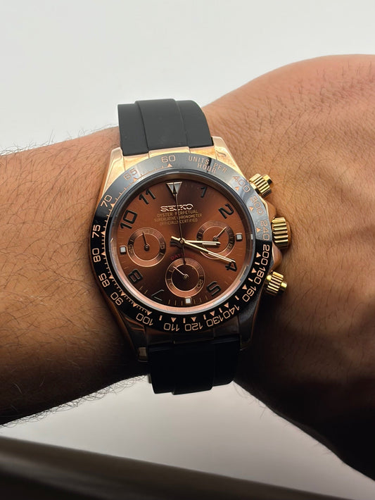 Daytona Rose Gold & Brown Seiko Mod — Détail cadran