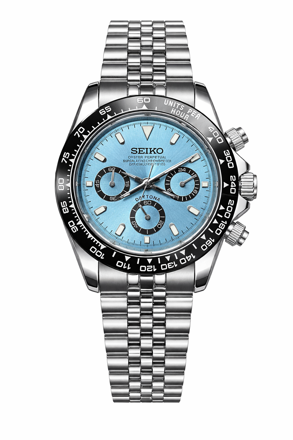 Daytona Platinum Blue Seiko Mod — Vue de face
