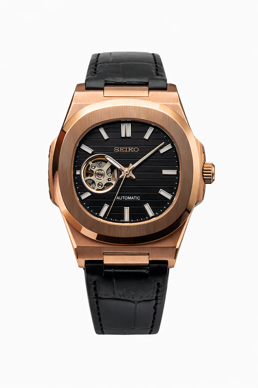 Nautilus Rose Gold Open Heart Leather bracelet Seiko Mod — Vue de face