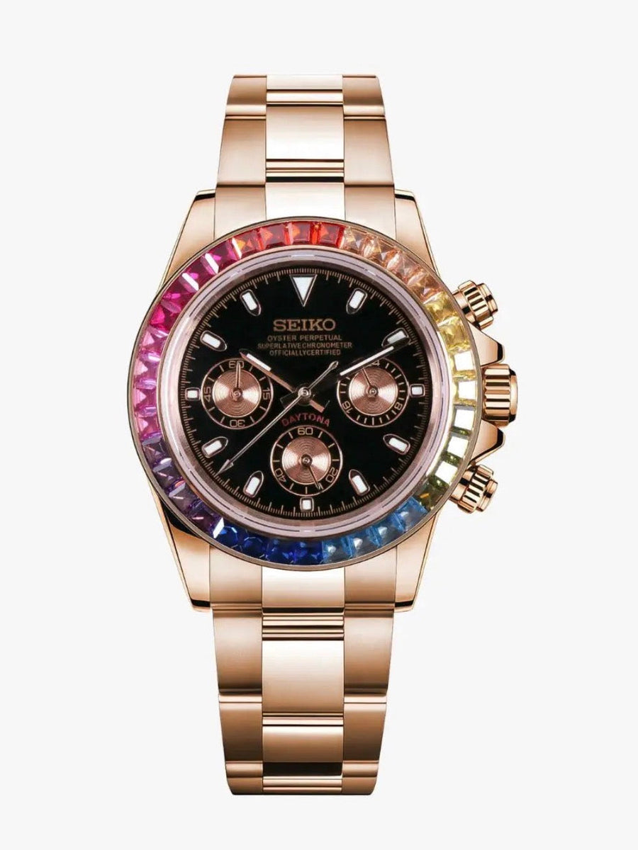 Rainbow baguette & rose gold daytona Seiko Mod — Vue de face