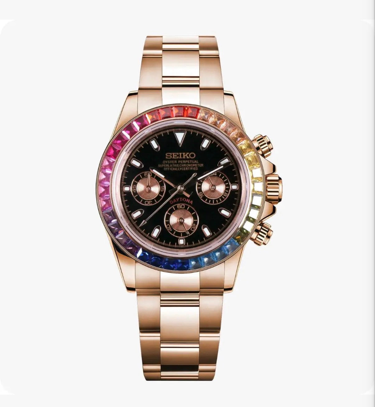 Rainbow baguette & rose gold daytona Seiko Mod — Vue de face