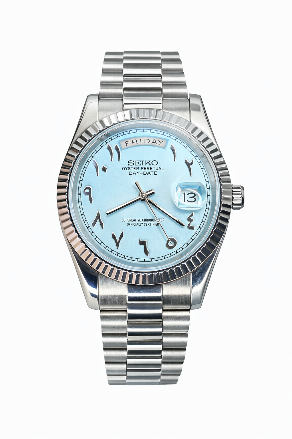 DayDate Baby Blue Arabic Numerals Seiko Mod — Vue de face