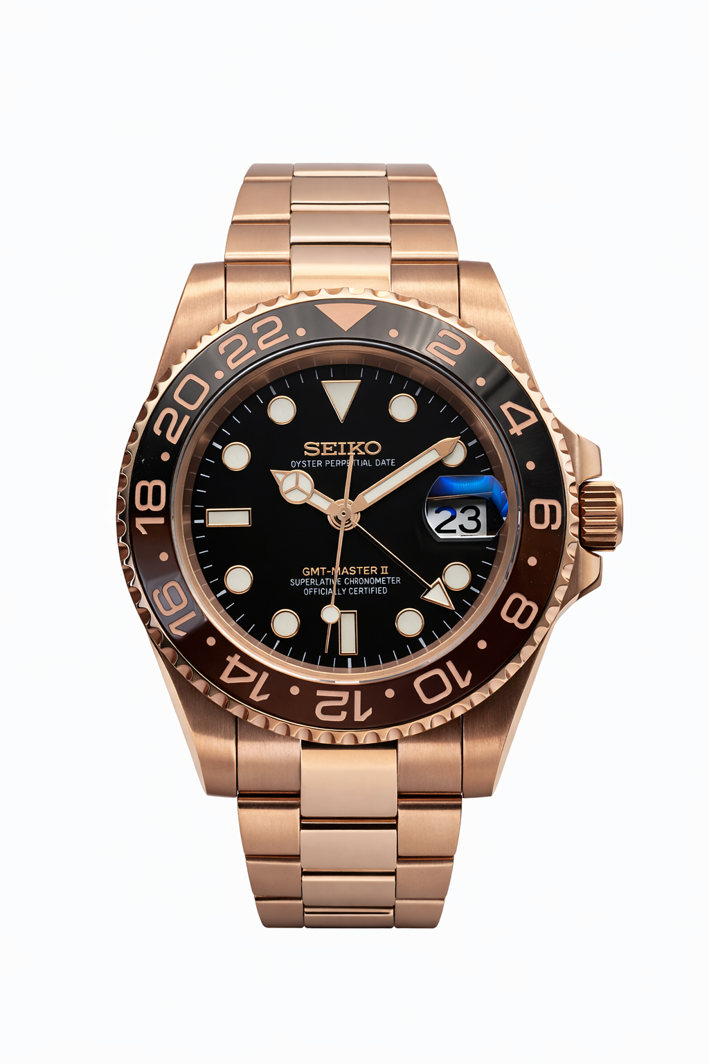 GMT Rootbeer Rose Gold Seiko Mod — Vue de face