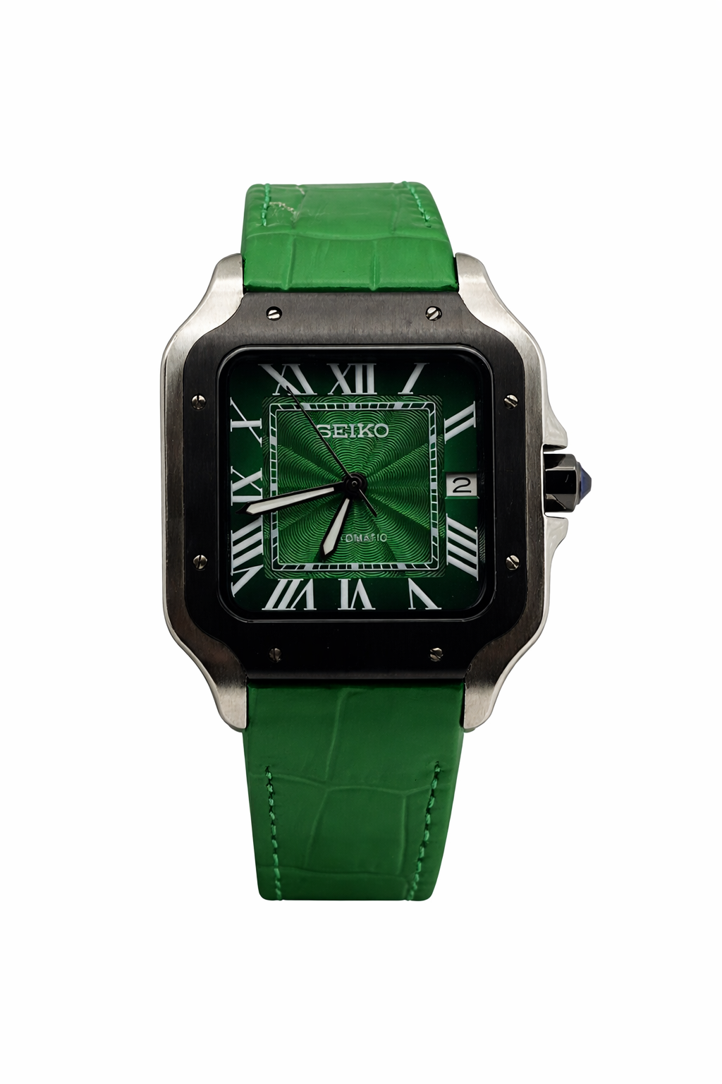 Santos Green Leather Bracelet Seiko Mod — Vue de face