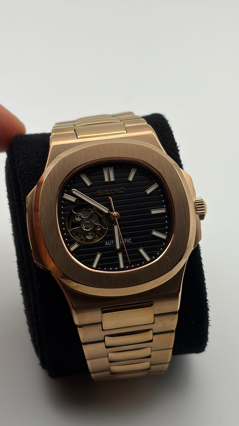 Seiko Mod Nautilus Rose Gold & Black Open Heart