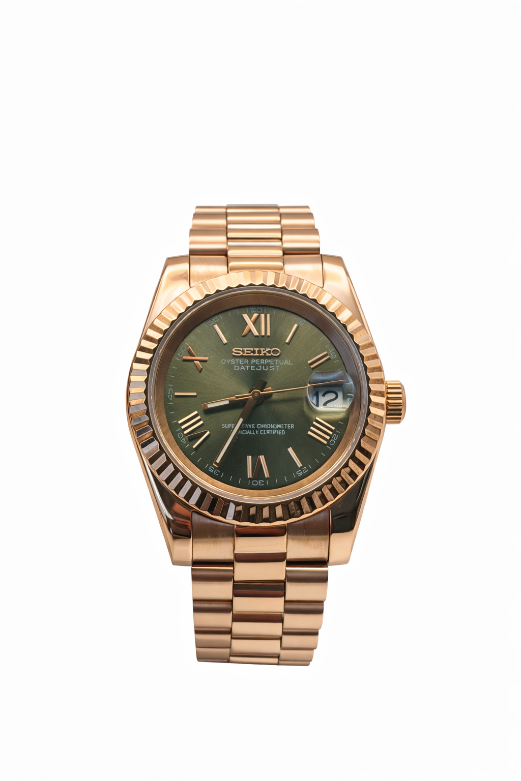 Datejust Rose Gold Olive Roman Seiko Mod — Vue de face