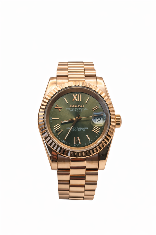 Datejust Rose Gold Olive Roman Seiko Mod — Vue de face