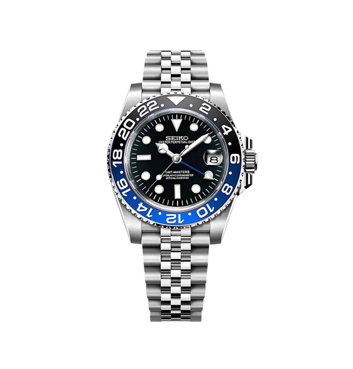 GMT MASTER II Batgirl Black & Blue bezel Seiko Mod — Vue de face