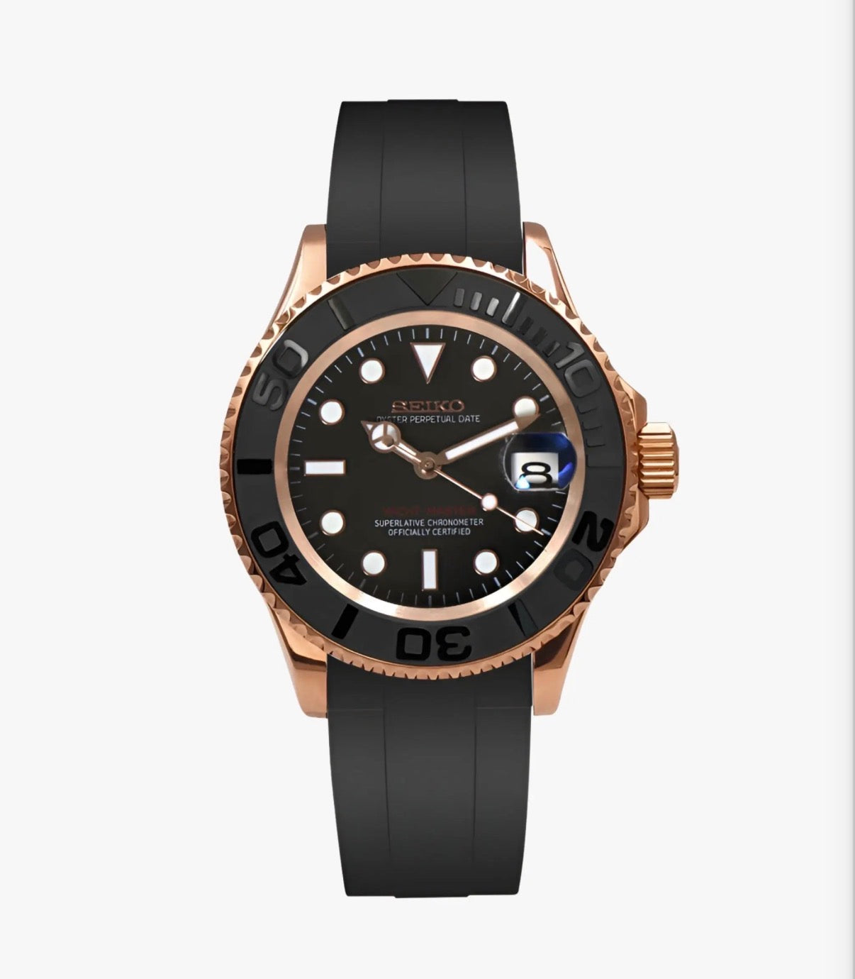 Yacht Master rose gold oysterflex Seiko Mod — Vue de face