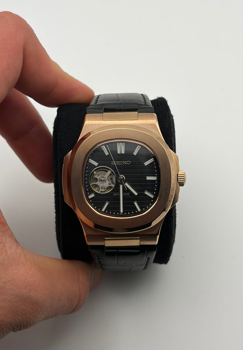 Seiko Mod Nautilus Rose Gold Open Heart Leather bracelet