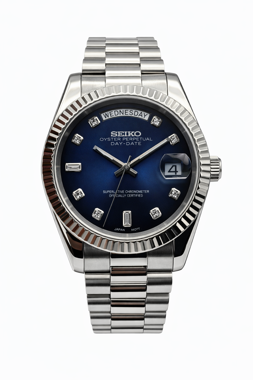 Daydate Midnight Blue Baguette Diamonds Seiko Mod — Vue de face