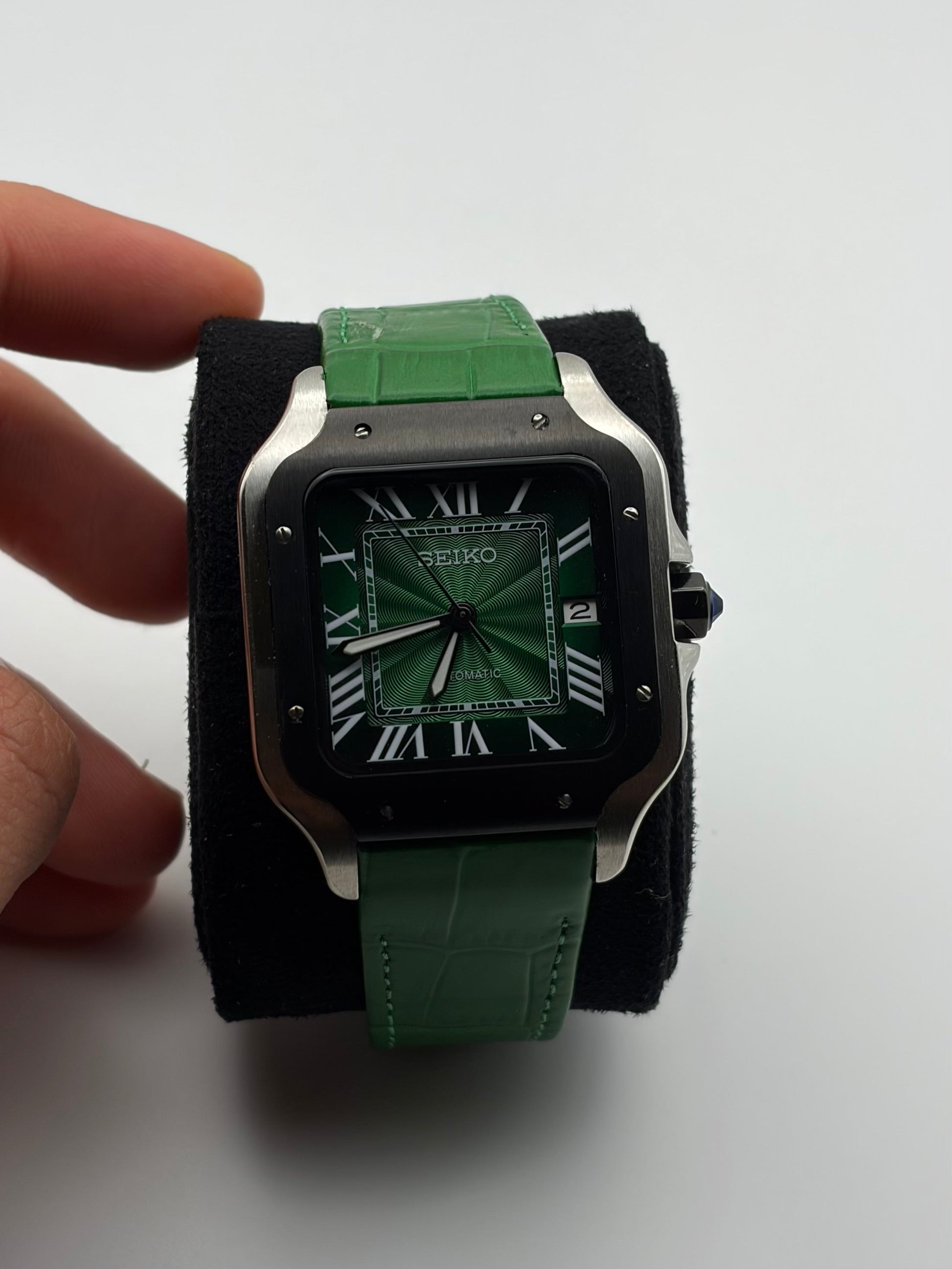 Santos Green Leather Bracelet Seiko Mod — Détail cadran