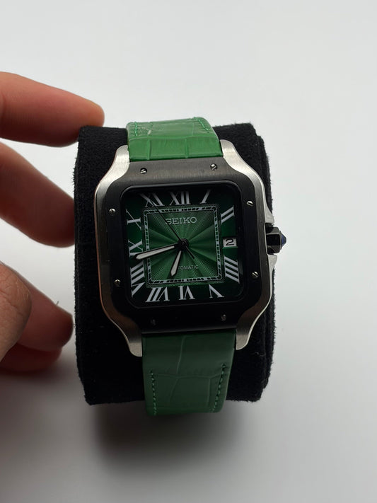 Santos Green Leather Bracelet Seiko Mod — Détail cadran