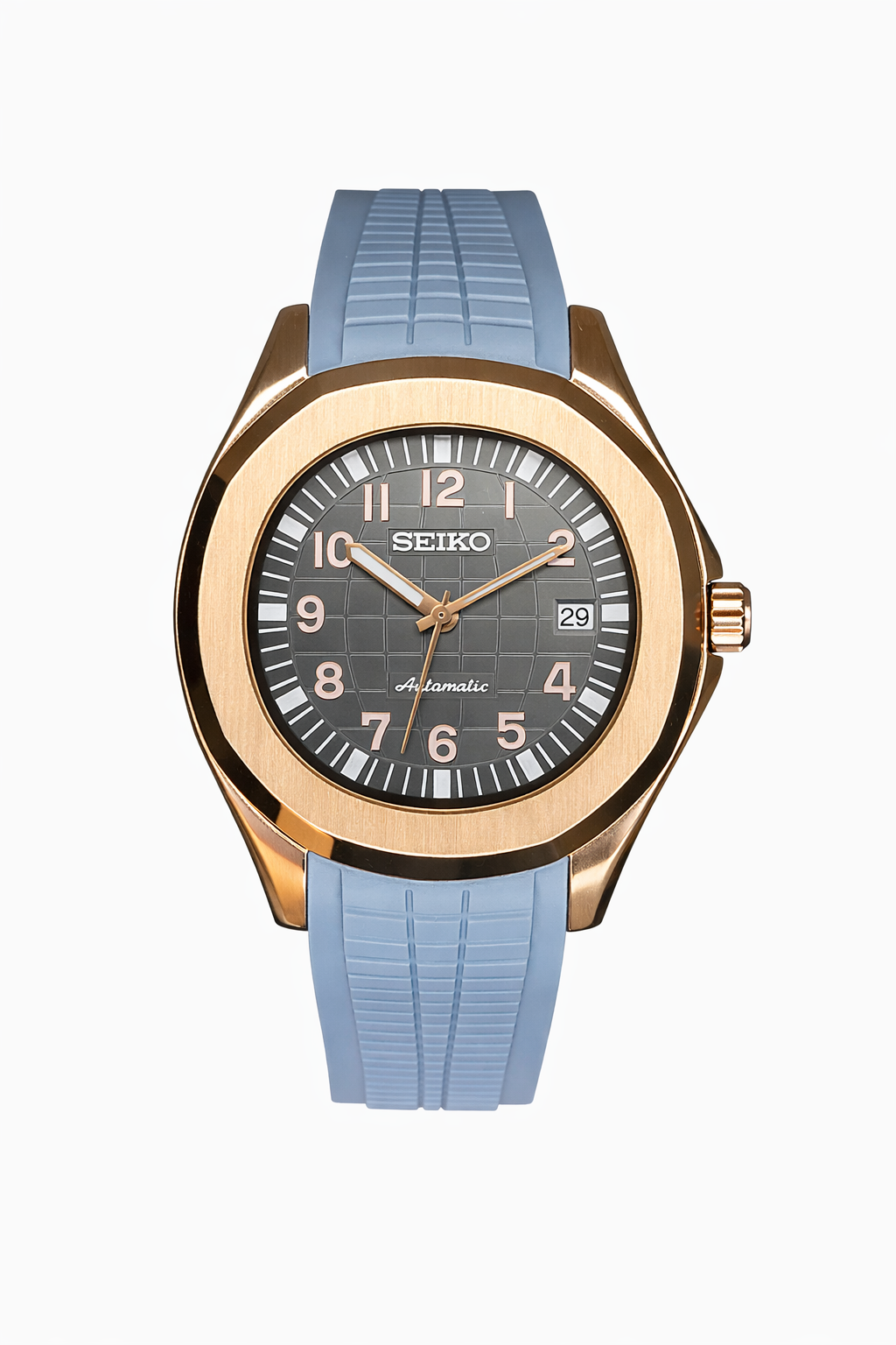 Blue & Rose Gold Aquanaut Seiko Mod — Vue de face