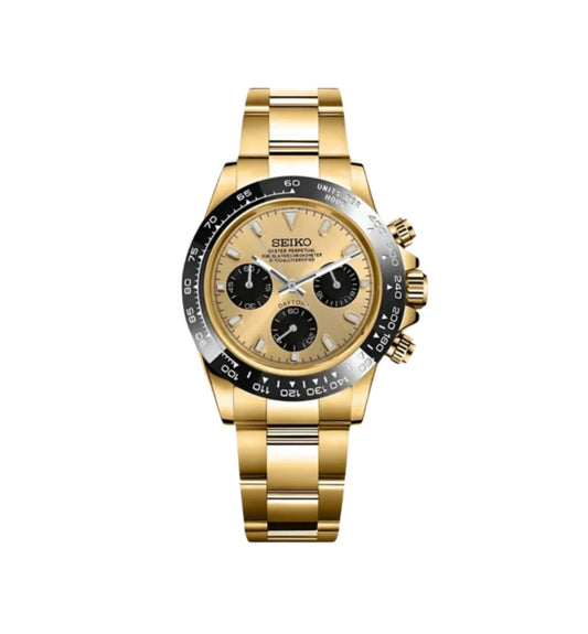 Yellow Gold & black Daytona Seiko Mod — Vue de face