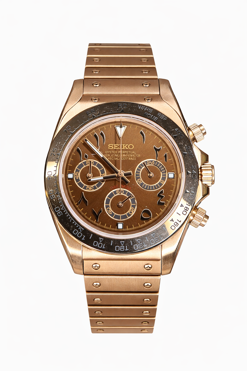 Rose Gold and Brown Arabic Dial Daytona Seiko Mod — Vue de face