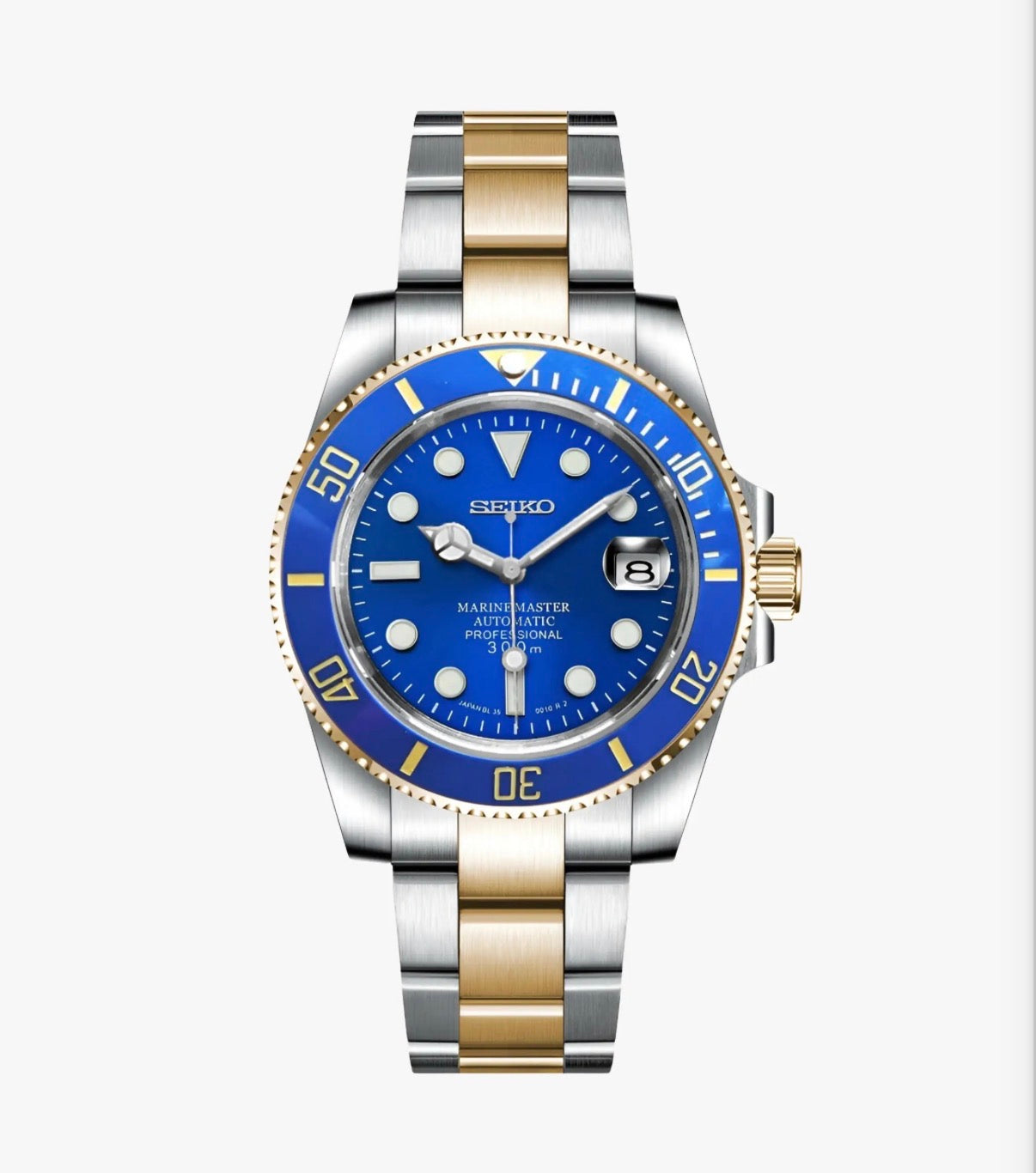 Submariner Two Tone Gold & Blue Seiko Mod — Vue de face