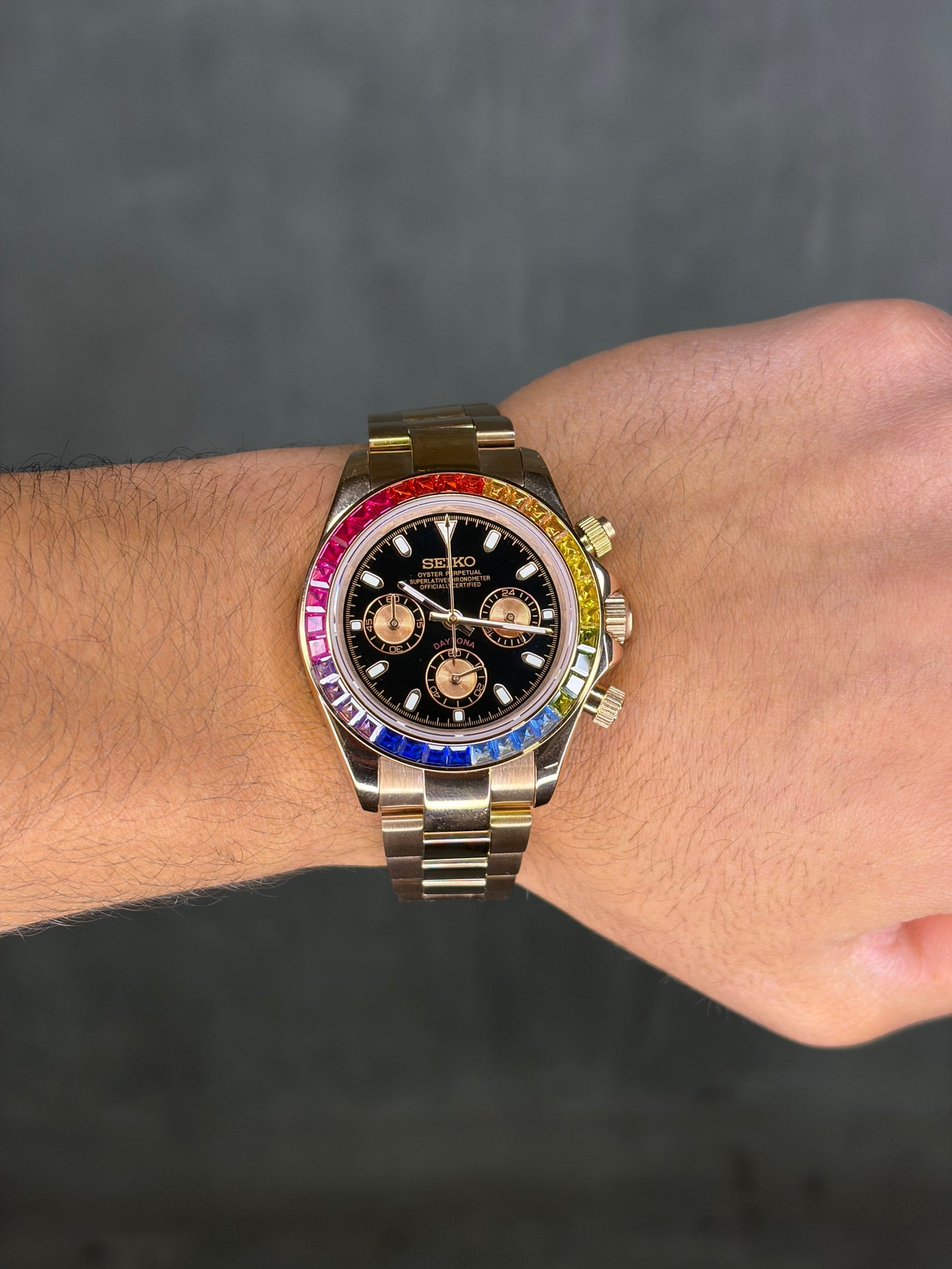 Rainbow baguette & rose gold daytona Seiko Mod — Au poignet