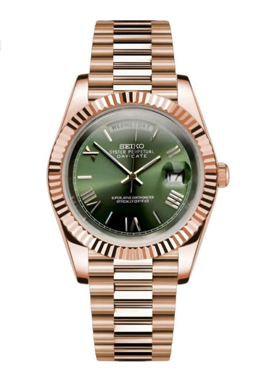 Daydate Rose Gold & Green Seiko Mod — Vue de face