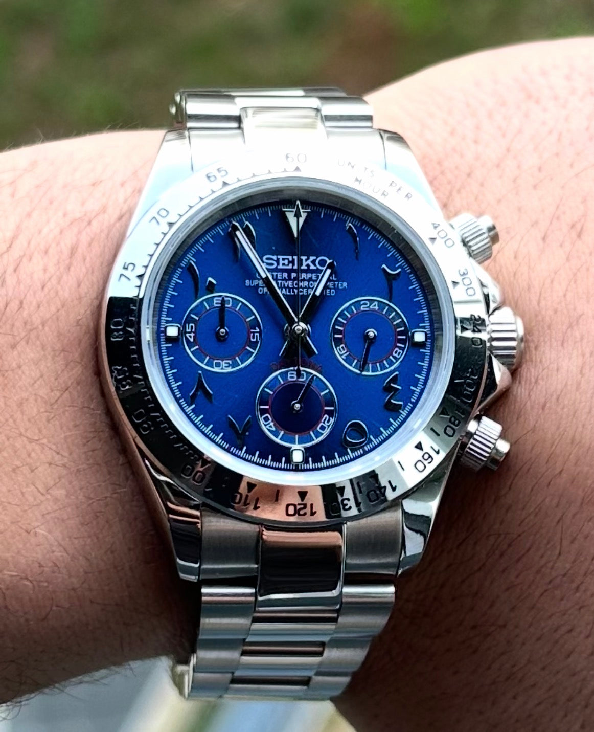 Daytona Ocean Blue Arabic Numerals Seiko Mod — Détail cadran