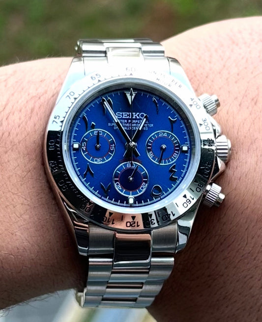 Daytona Ocean Blue Arabic Numerals Seiko Mod — Détail cadran