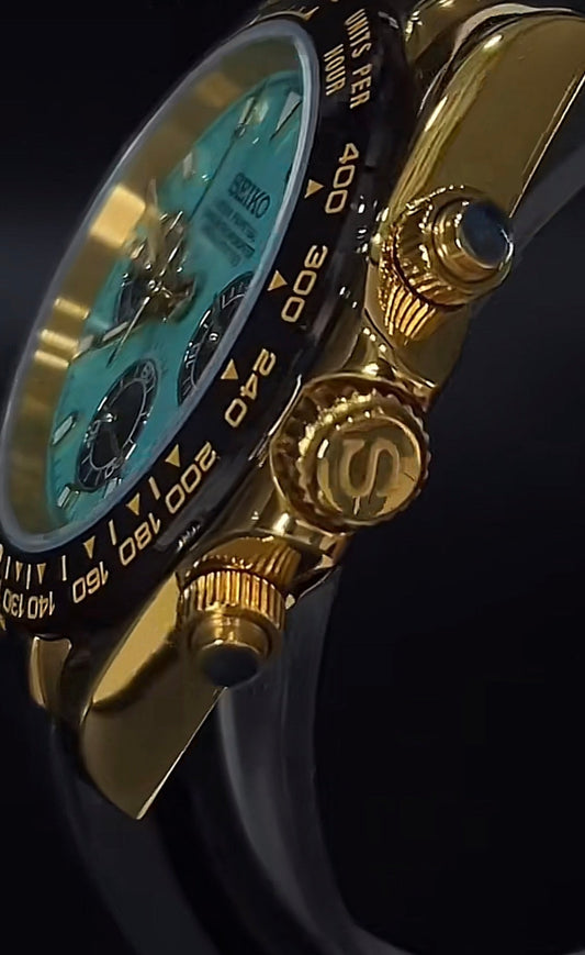 Seitona Gold & Baby Blue Seiko Mod — Détail cadran