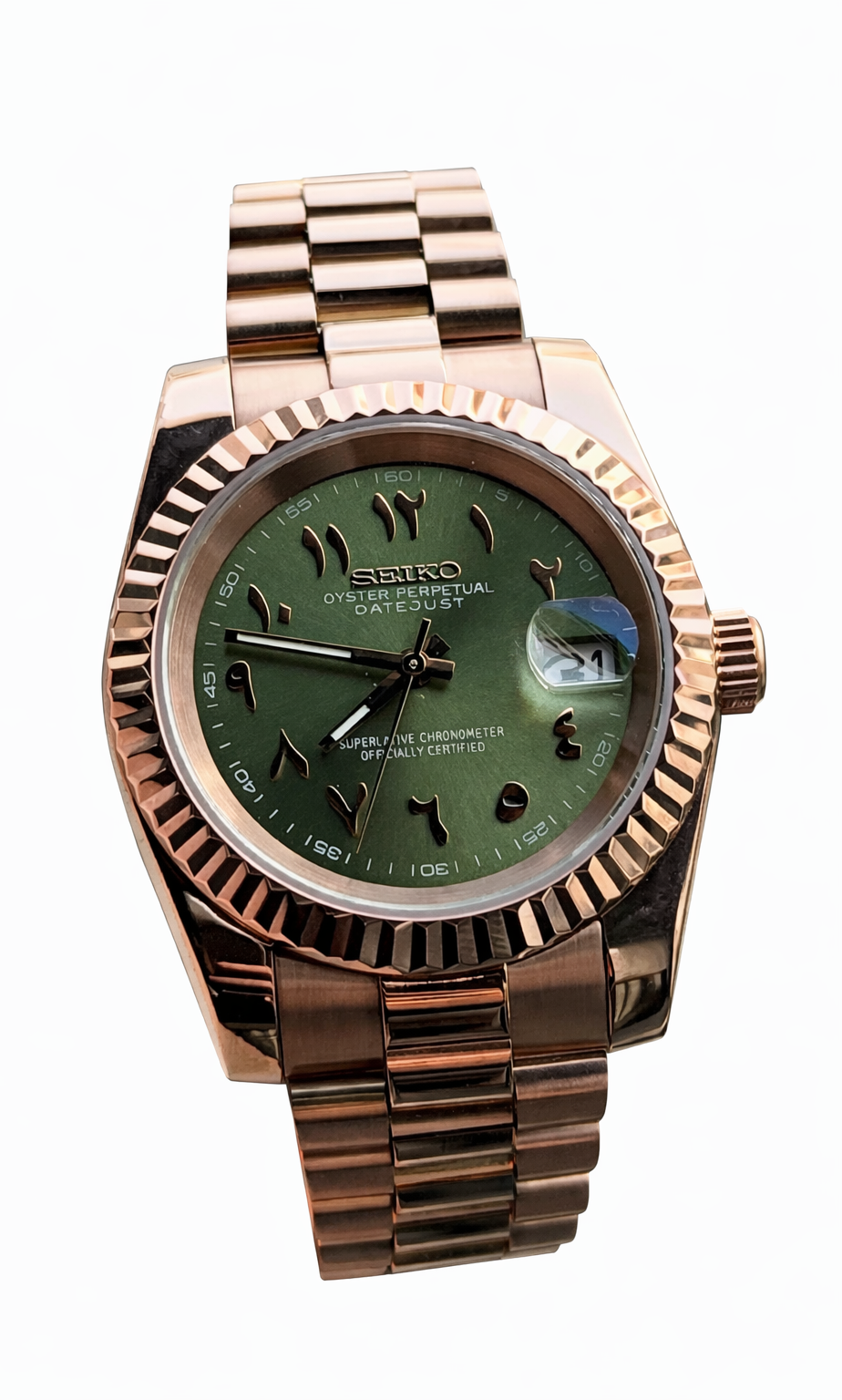 Datejust Rose Gold Olive Arabic Seiko Mod — Vue de face