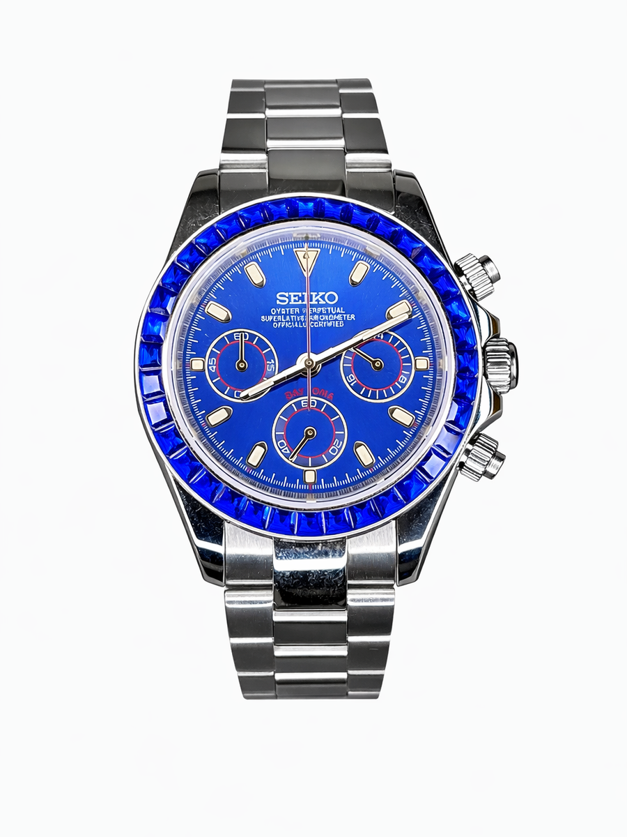 Daytona Sapphire Bezel Blue Dial Seiko Mod — Vue de face