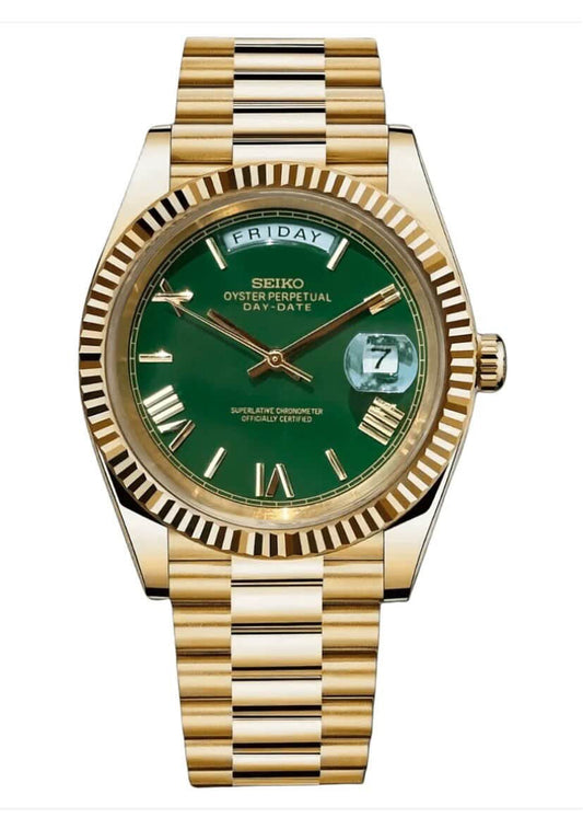 Daydate Yellow Gold & Green Seiko Mod — Vue de face