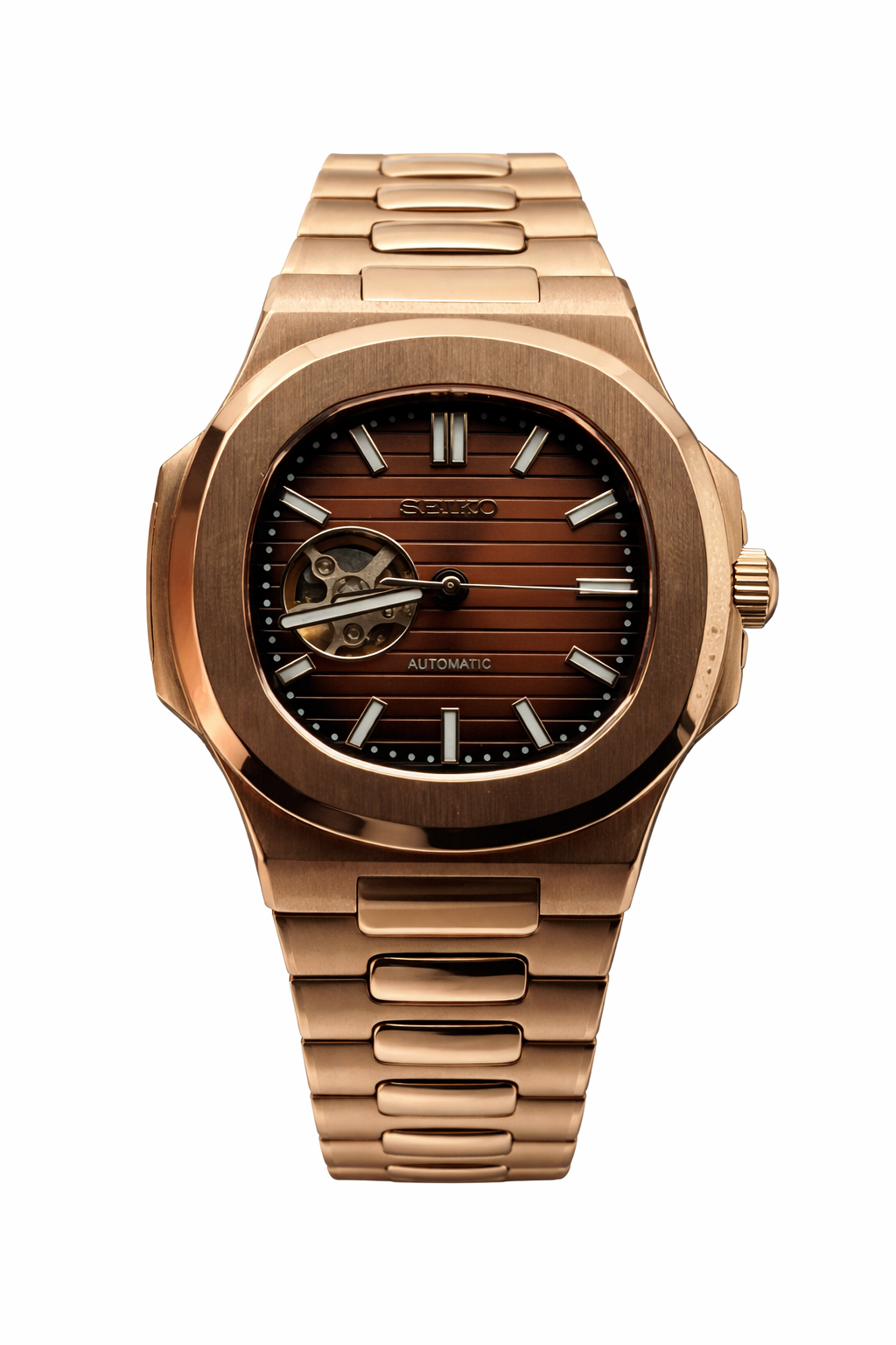 Nautilus Rose Gold chocolate open heart Seiko Mod — Vue de face