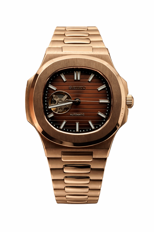 Nautilus Rose Gold chocolate open heart Seiko Mod — Vue de face