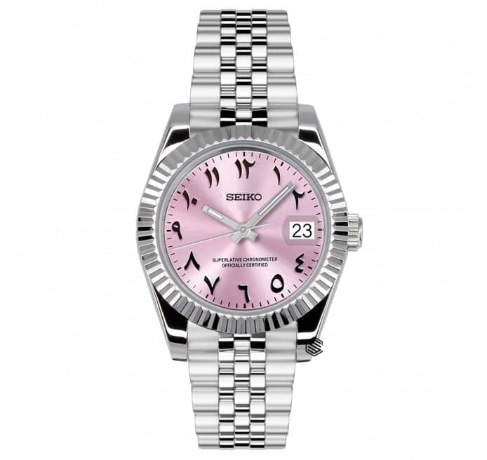 Datejust Pink Arabic Numerals Seiko Mod — Vue de face